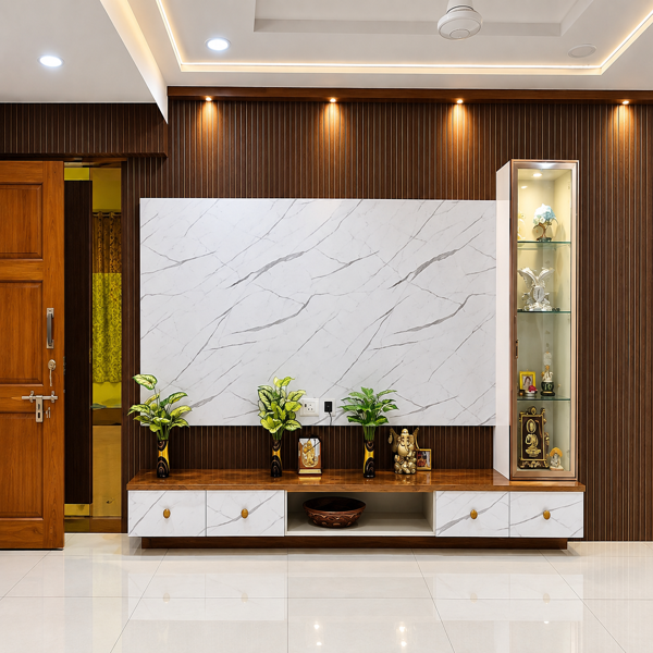 Modern TV unit, luxury TV wall, white marble TV panel, wooden slat wall, dark wood paneling, contemporary living room, TV console, entertainment unit, media wall, marble feature wall, white marble texture, vertical wood slats, display cabinet, glass display cabinet, decorative shelves, built in storage, floating TV cabinet, low profile console, living room interior, Indian living room, modern Indian home, luxury home decor, premium interiors, warm wood finish, brown wood wall, LED spotlights, ambient lighting, recessed lighting, ceiling lights, false ceiling, polished floor, glossy tiles, indoor plants, decorative vases, home accessories, display niches, glass cabinet, collectible display, pooja decor, decorative objects, modern cabinetry, custom TV unit, bespoke furniture, custom storage, cabinet design, wall unit design, feature wall, accent wall, TV backdrop, entertainment center, media console, storage drawers, cabinet handles, wood and marble, neutral palette, sophisticated interior, elegant living room, contemporary styling, modern furniture, home interior design, interior architecture, residential interior, apartment living room, home renovation, living room makeover, interior inspiration, home decor ideas, designer TV unit, premium TV wall, luxury living space, modern architecture, functional storage, decorative display, statement wall, architectural lighting, warm lighting, cozy interior, uncluttered room, clean lines, polished surfaces, modern decor, Indian interior design, stylish home, contemporary home, custom cabinetry, built in furniture, living room storage, television wall, designer interiors, sophisticated home, home furnishing, residential design, TV wall ideas, marble TV unit, wooden TV wall, modern entertainment unit, display shelving, glass showcase, elegant home interior, luxury interior design.